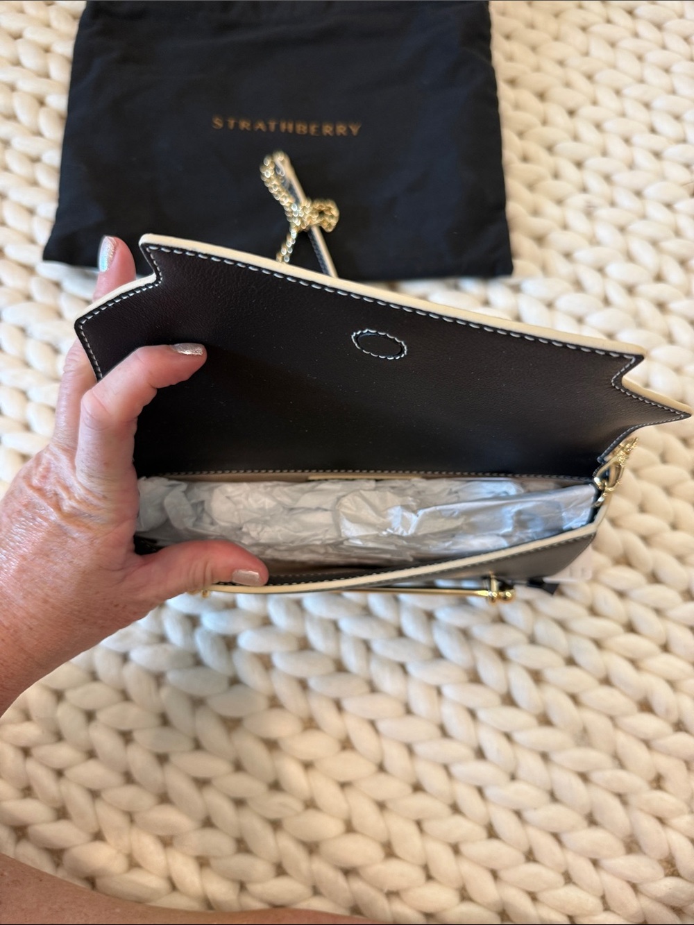 Strathberry Black Leather Crossbody with Gold Bar and Chain - Picture 4 of 5